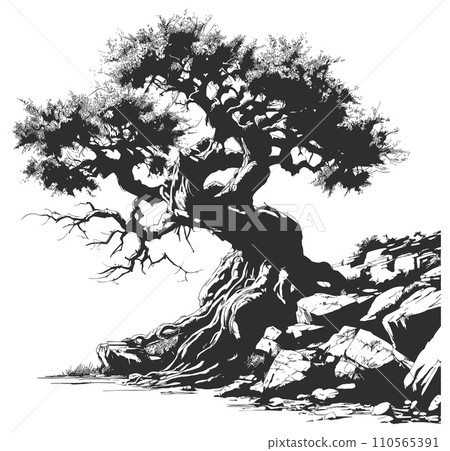 AI-generated content. Old olive tree silhouette. Mediterranean ancient olive tree on rocky slope black ink imprint on white background 110565391