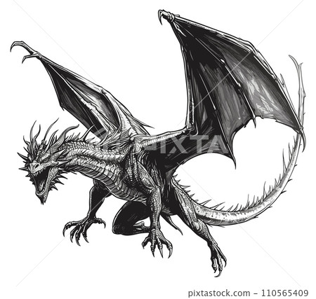 AI-generated content. Flying dragon sketch. Dragons beast engraved vintage style, medieval hand drawn evil creature, mystical reptile gothic dinosaur with open mouth and sharp teeth 110565409