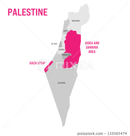Political map of Palestine highlighted in the map of Israel. Pink colored Gaza Strip and Judea and Samaria Area. Vector Illustration Political map of Palestine highlighted in the map of Israel. Pink colored Gaza Strip and Judea and Samaria Area. Vector Illustration 110565474