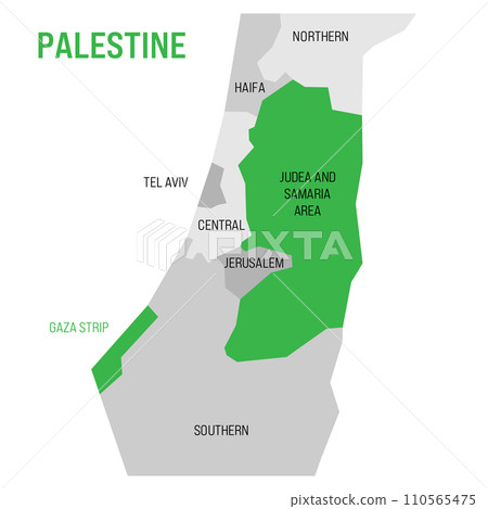 Political map of Palestine highlighted in the map of Israel. Green colored Gaza Strip and Judea and Samaria Area. Vector Illustration 110565475