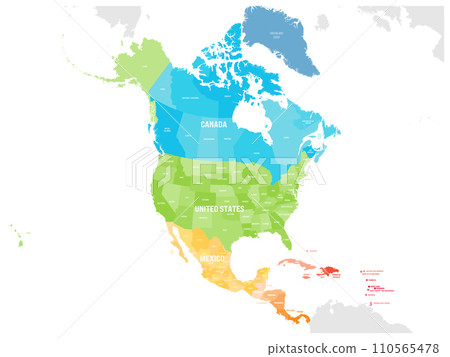 Political map of North American countries Canada, United States of America, Mexico with administrative divisions. Central American Countries and Caribbean Region. Colorful blank map. Vector 110565478