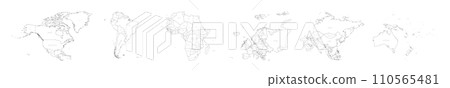 Set of six world continent maps in a row - North America, South America, Africa, Europe, Asia and Australia. Thin black outline vector map with country name labels Set of six world continent maps in a row - North America, South America, Africa, Europe, Asia and Australia. Thin black outline vector map with country name labels 110565481