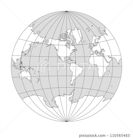 Simplified Map of World in the circle focused on Americas. Latitude and longitude grid. Van der Grinten projection. Thin black line wireframe vector illustration 110565483