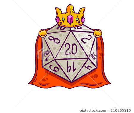 Dice d20 for playing Dnd. King character for Dungeon and dragons board game with gold crown. Cartoon outline drawn illustration Dice d20 for playing Dnd. King character for Dungeon and dragons board game with gold crown. Cartoon outline drawn illustration 110565510
