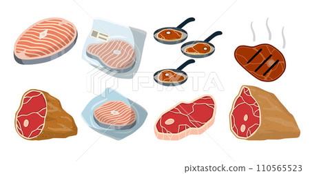 Steak and barbecue, Piece of red salmon fish meat with pink stripe. Food for Cooking sushi. Set of Raw Seafood. Cut off part. Kitchen and meal element. Cartoon illustration 110565523