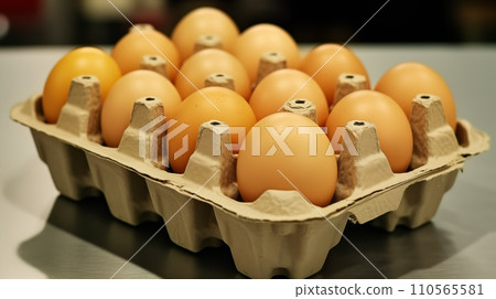 AI-generated content. A gold-colored eggs lie in a cardboard package on the table 110565581