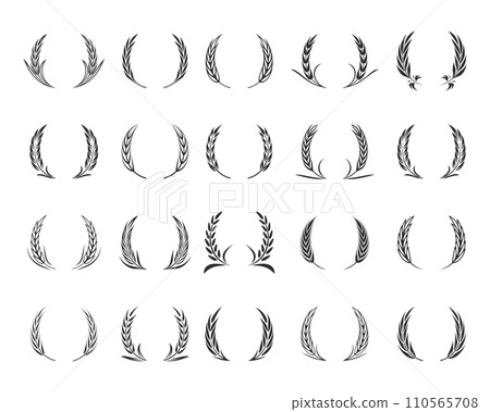 Flat Vector Black Silhouette of Circular Laurel Foliate, Wheat, Oak Wreaths Set, Depicting an Award, Achievement. Design Template for Bread, Beer Logo, Packaging, Labels Flat Vector Black Silhouette of Circular Laurel Foliate, Wheat, Oak Wreaths Set, Depicting an Award, Achievement. Design Template for Bread, Beer Logo, Packaging, Labels 110565708
