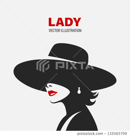 Flat Vector Silhouette of a Lady. Portrait of a Woman in a Hat. Elegant and Glamour Girl with Red Lips. Black and White Illustration Flat Vector Silhouette of a Lady. Portrait of a Woman in a Hat. Elegant and Glamour Girl with Red Lips. Black and White Illustration 110565709
