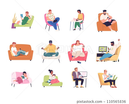 Sedentary lifestyle. Lazy people sit resting on seat, overweight fat man or chubby girl character bad habit eating fastfood reading phone, inactive life classy vector illustration Sedentary lifestyle. Lazy people sit resting on seat, overweight fat man or chubby girl character bad habit eating fastfood reading phone, inactive life classy vector illustration 110565836