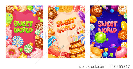 Candy world posters. Sweet wonderland banner design, fantasy donuts planet in galaxy space, chocolate jelly sweets cake caramel lollipop 110565847