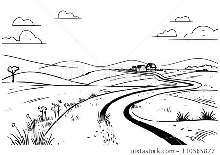 Desert road hand drawn ink sketch highway landscape. Engraved style vector illustration. 110565877