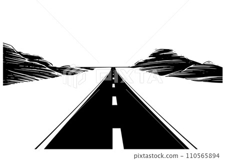 Simple road hand drawn ink sketch highway landscape. Engraved style vector illustration. 110565894