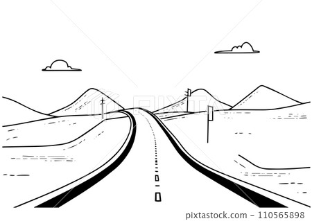 Desert road hand drawn ink sketch highway landscape. Engraved style vector illustration. 110565898