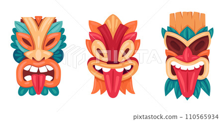 Cartoon wooden tiki masks. Ethnic tribal ritual masks, ceremonial tiki totem masks. African or hawaiian idols with tongue out flat vector illustration set Cartoon wooden tiki masks. Ethnic tribal ritual masks, ceremonial tiki totem masks. African or hawaiian idols with tongue out flat vector illustration set 110565934