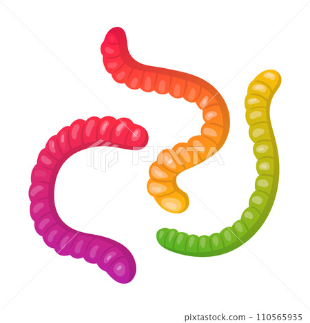 Chewy gummy worms. Cartoon marmalade shaped like worms, jelly candies, cute tasty sweets flat vector illustration. Sugary worms set Chewy gummy worms. Cartoon marmalade shaped like worms, jelly candies, cute tasty sweets flat vector illustration. Sugary worms set 110565935