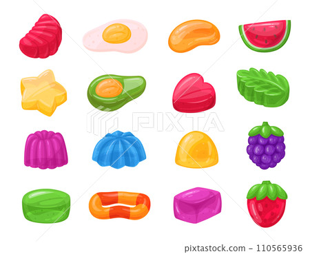 Gummy candy set. Cartoon fruity jelly, chewy sweets with various flavors flat vector illustration set. Delicious jelly candy collection 110565936