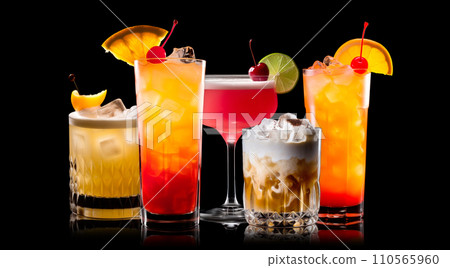Set and collection of classic alcohol cocktails or mocktail isolated on white background with fresh summer fruits Set and collection of classic alcohol cocktails or mocktail isolated on white background with fresh summer fruits 110565960