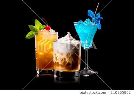 Set and collection of classic alcohol cocktails or mocktail isolated on white background with fresh summer fruits Set and collection of classic alcohol cocktails or mocktail isolated on white background with fresh summer fruits 110565962