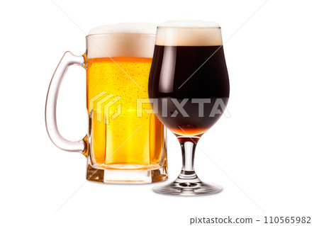 Set of Beer glasses on a white background. Mugs with drink like Ipa, Pale Ale, Pilsner, Porter or Stout 110565982