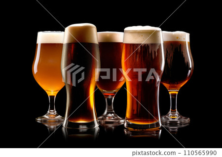 Set of Beer glasses on a black background. Mugs with drink like Ipa, Pale Ale, Pilsner, Porter or Stout Set of Beer glasses on a black background. Mugs with drink like Ipa, Pale Ale, Pilsner, Porter or Stout 110565990