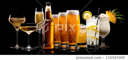 Set and collection of classic alcohol cocktails or mocktail isolated on black background with fresh summer fruits 110565995