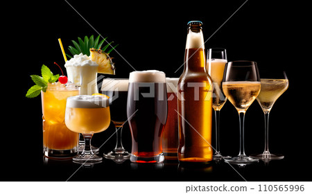Set and collection of classic alcohol cocktails or mocktail isolated on black background with fresh summer fruits 110565996