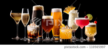 Set and collection of classic alcohol cocktails or mocktail isolated on black background with fresh summer fruits 110565997