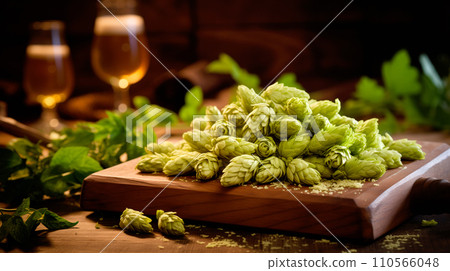 Macro closeup of green ripe hop cones on table. Branch of hop cones for making beer and bread Macro closeup of green ripe hop cones on table. Branch of hop cones for making beer and bread 110566048