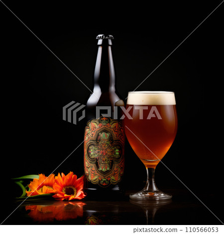 Beer in glass and beer bottle on a dark black background. Mugs with drink like Ipa, Pale Ale, Pilsner, Porter or Stout Beer in glass and beer bottle on a dark black background. Mugs with drink like Ipa, Pale Ale, Pilsner, Porter or Stout 110566053
