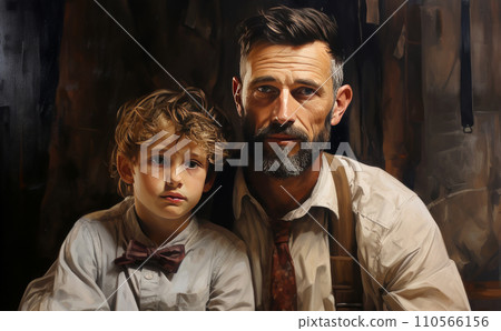 A stylish man with a beard siting next to a boy.  110566156