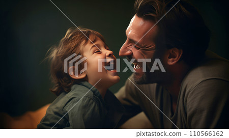 Portrait of a happy father and his little son laughing together. Portrait of a happy father and his little son laughing together. 110566162