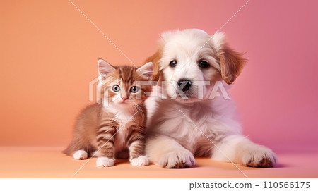 Golden retriever puppy and kitten together on a pink background Golden retriever puppy and kitten together on a pink background 110566175