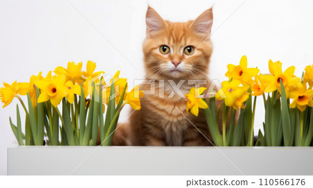 Cute ginger cat and yellow daffodils on white background with space for text. Cute ginger cat and yellow daffodils on white background with space for text. 110566176