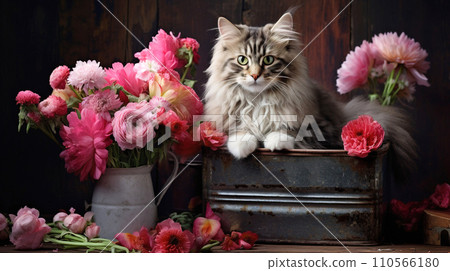 Persian cat with a bouquet of flowers on a wooden background. Persian cat with a bouquet of flowers on a wooden background. 110566180