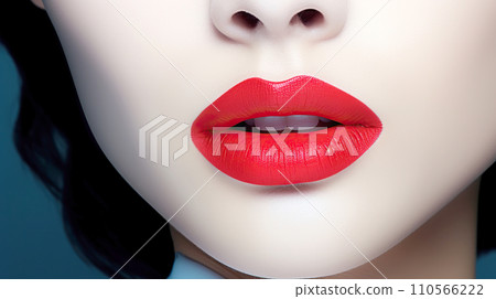 Women's red lips close-up with smooth skin. Asian woman with color lips close-up white skin. Women's red lips close-up with smooth skin. Asian woman with color lips close-up white skin. 110566222