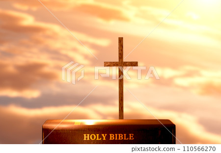 New year, rising sun, sunrise and sunset background, cross of Jesus Christ, holy Bible, faith in god, conviction, mercy, peace and church calendar concept 110566270