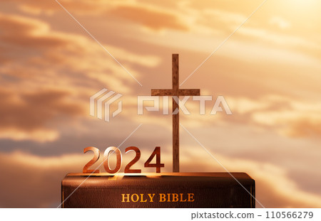 New year 2024, rising sun, sunrise and sunset background, cross of Jesus Christ, holy Bible, faith in god, conviction, mercy, peace and church calendar concept 110566279