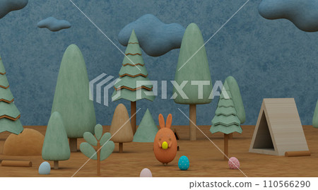 Easter illustration on cartoon background. Cute Rabbit with easter eggs on spring meadow. 3d illustration. Easter illustration on cartoon background. Cute Rabbit with easter eggs on spring meadow. 3d illustration. 110566290