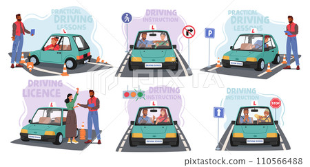 Students Engage In Driving Practice At School, Mastering Essential Skills Like Parking And Maneuvering, Vector Set 110566488