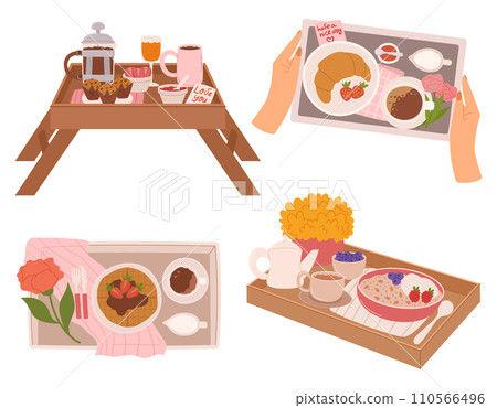 Breakfast In Bed With A Charming Tables Featuring A Steaming Cup Of Coffee, Fresh Pastries, Vibrant Fruits 110566496