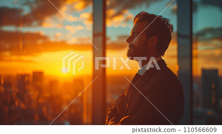 AI image of a man looking at the city from his office window 110566609