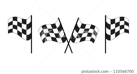 Set of waving race flags icons. Start and finish rally flags with checkered black and white squares pattern. Motocross, car competition, auto marathon, sport victory sybmols 110566700