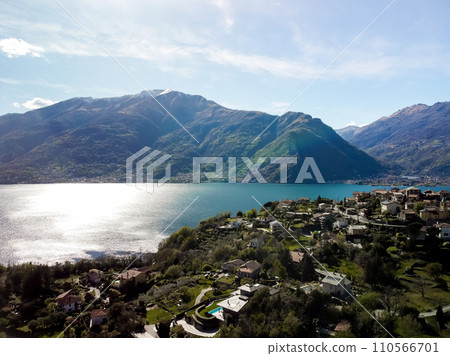 Panoramic view, the upper part of Lake Como over Gravedona, down to Bellagio  110566701