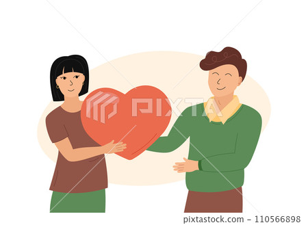 Romantic couple in love. Woman gifting big heart to smiling man. Happy young lovers. Sweethearts flat vector illustration for Valentines Day. Relationship concept 110566898