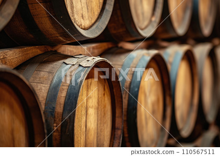 AI-generated content. Rows of old wooden barrels stored in rustic wine cellar AI-generated content. Rows of old wooden barrels stored in rustic wine cellar 110567511