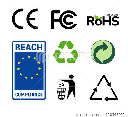 Compliance Recycling Symbols. Certification CE environment waste sign set 110568051