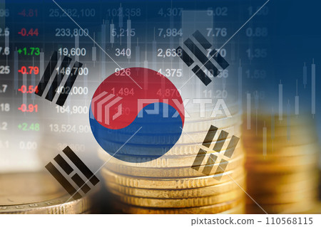 South Korea flag with stock market finance, economy trend graph digital technology. South Korea flag with stock market finance, economy trend graph digital technology. 110568115