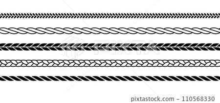 Repeating ropes set. Seamless hemp cord lines collection. Black outline chain, braid, plait stripes bundle. Horizontal decorative plait pattern. Vector twine design elements for banner, poster, frame Repeating ropes set. Seamless hemp cord lines collection. Black outline chain, braid, plait stripes bundle. Horizontal decorative plait pattern. Vector twine design elements for banner, poster, frame 110568330