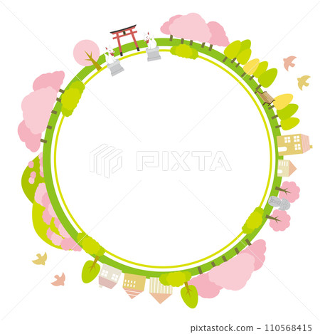 春季日式城市景觀，有神社和櫻花圓形框架 110568415