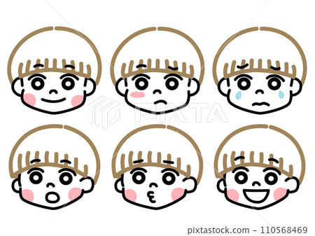 Illustration of a boy with a shaved hairstyle with various expressions Illustration of a boy with a shaved hairstyle with various expressions 110568469